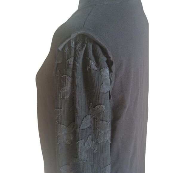 CECE Mixed Media Sweater M Black Sheer Floral Sleeve Cotton Knit Top - Picture 2 of 8